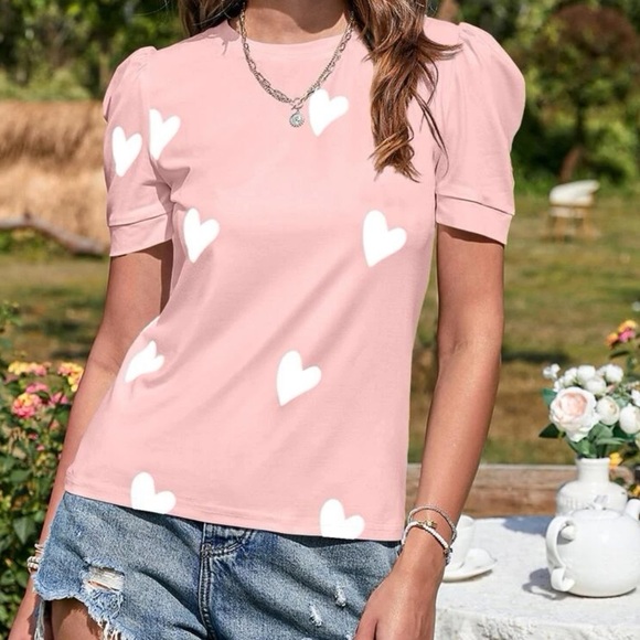 New heart print pink white short sleeve top - Picture 2 of 5